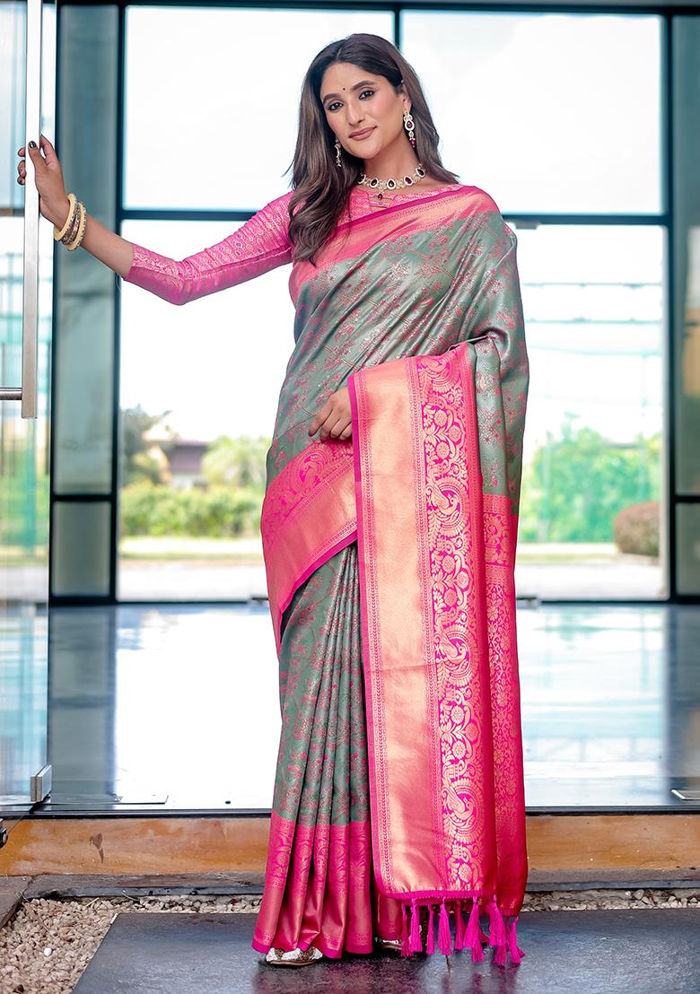 Grey Zari Woven Dharmavaram Silk Saree Set