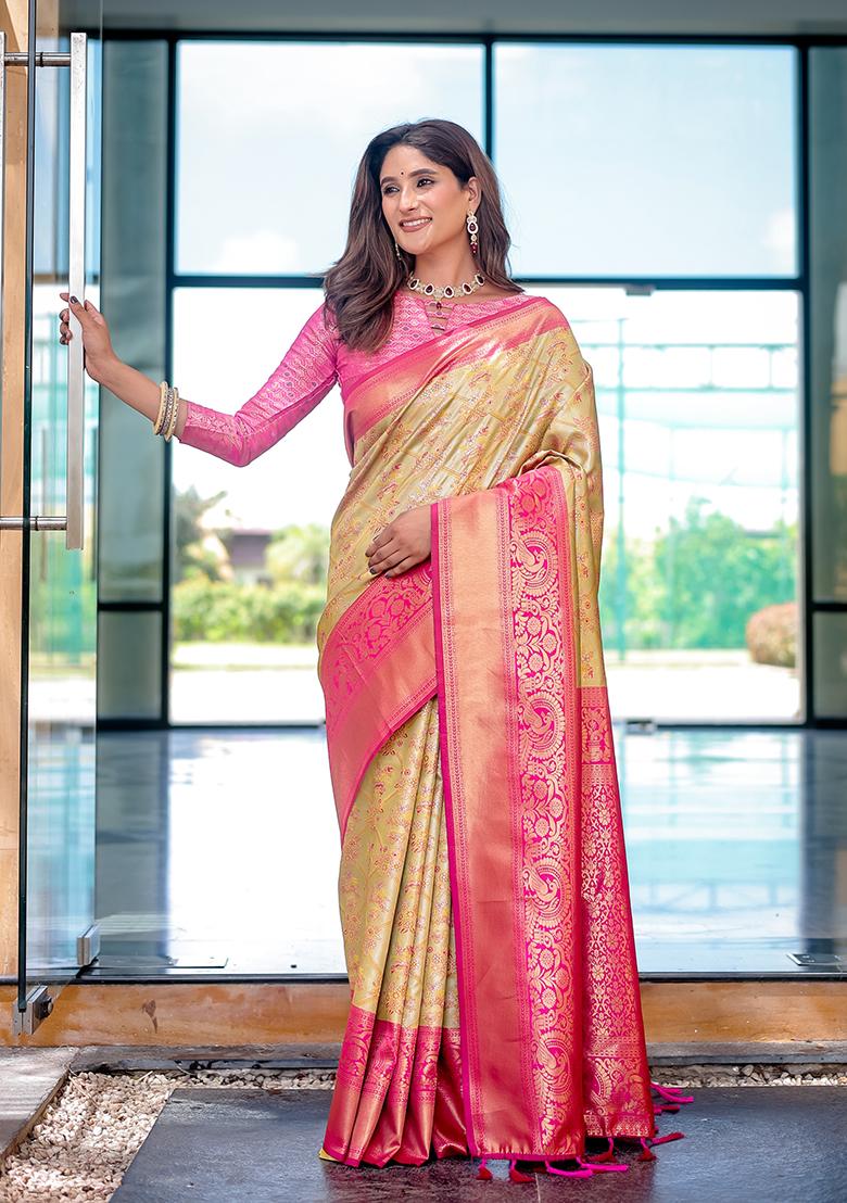 Yellow Zari Woven Dharmavaram Silk Saree Set