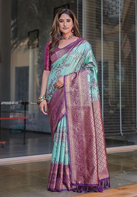 Turquoise Zari Woven Dharmavaram Silk Saree Set