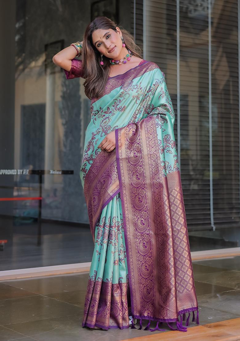 Turquoise Zari Woven Dharmavaram Silk Saree Set