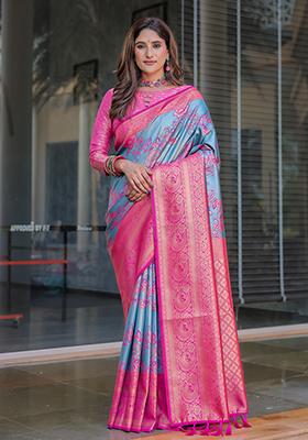 Blue Zari Woven Dharmavaram Silk Saree Set