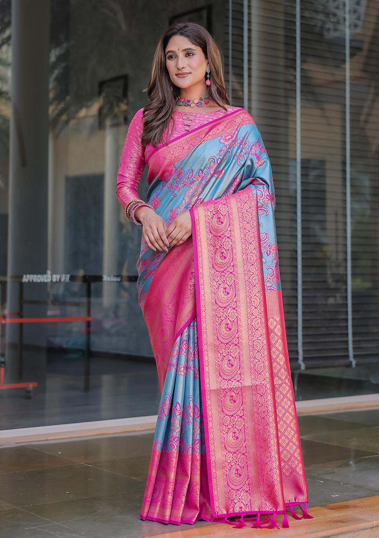 Blue Zari Woven Dharmavaram Silk Saree Set