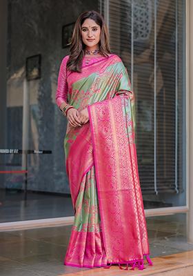 Grey Zari Woven Dharmavaram Silk Saree Set
