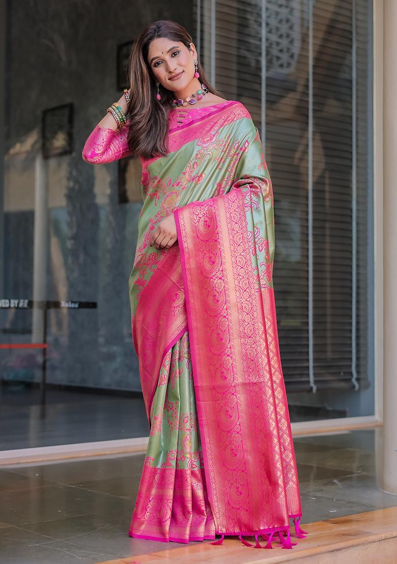 Grey Zari Woven Dharmavaram Silk Saree Set