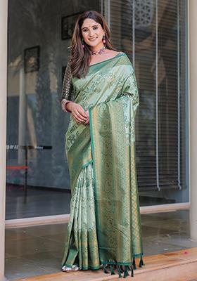Sea Green Zari Woven Dharmavaram Silk Saree Set