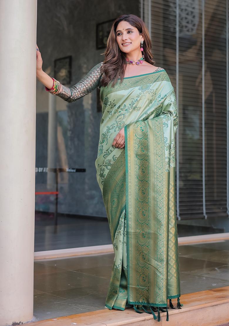 Sea Green Zari Woven Dharmavaram Silk Saree Set