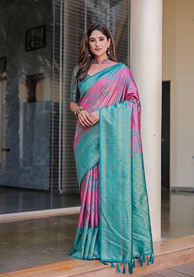 Pink Zari Woven Dharmavaram Silk Saree Set