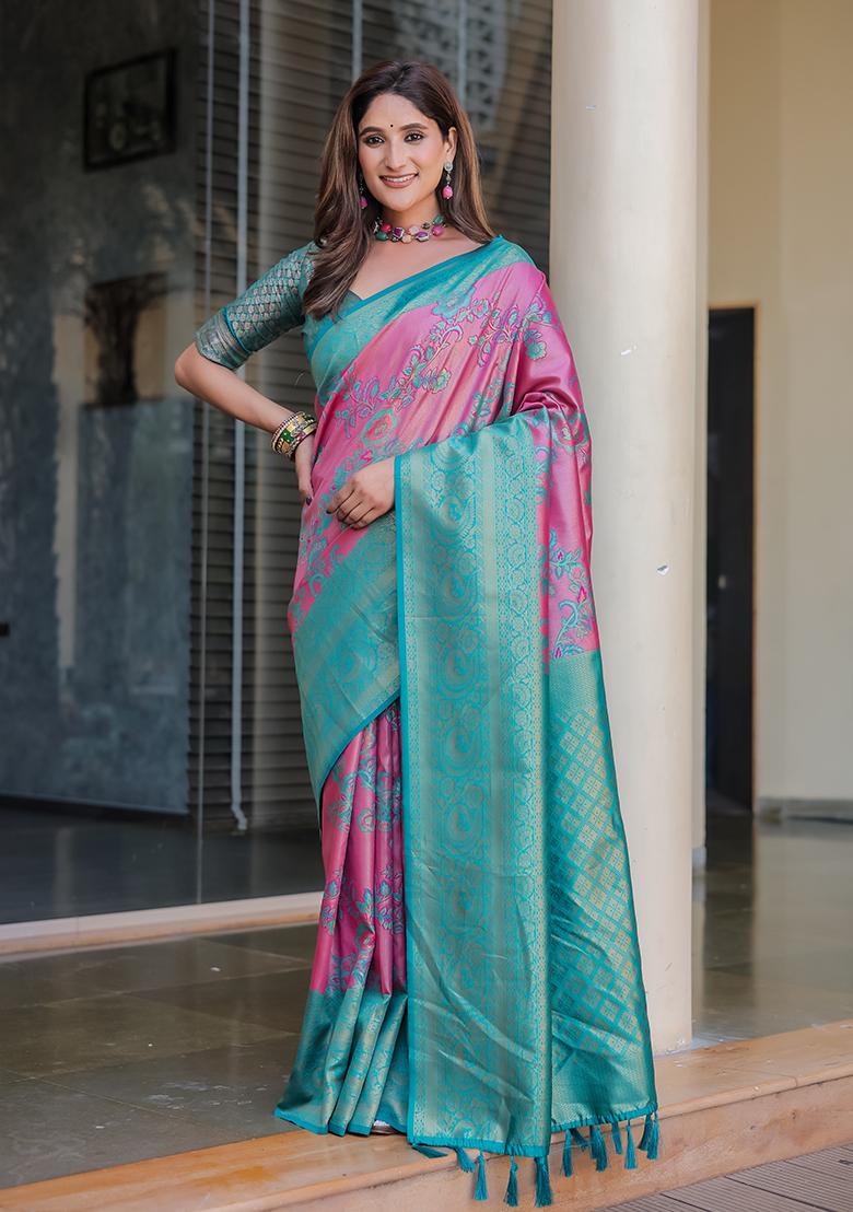 Pink Zari Woven Dharmavaram Silk Saree Set