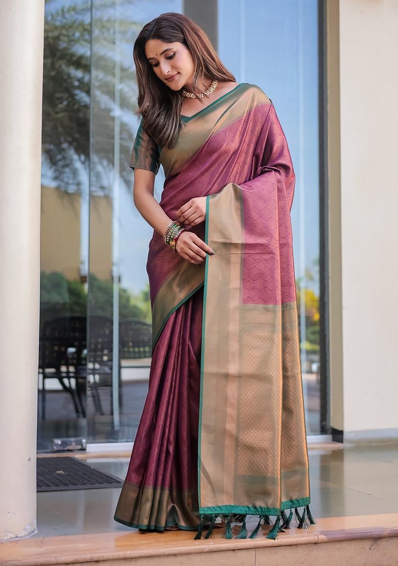 Wine Zari Woven Kanjivaram Silk Saree Set