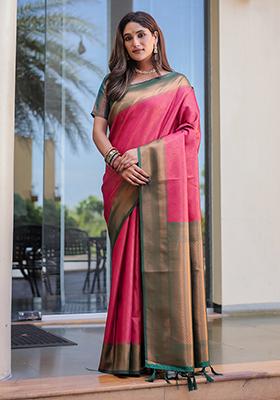 Pink Zari Woven Kanjivaram Silk Saree Set