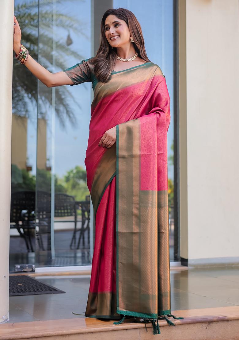 Pink Zari Woven Kanjivaram Silk Saree Set