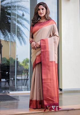 Beige Zari Woven Kanjivaram Silk Saree Set