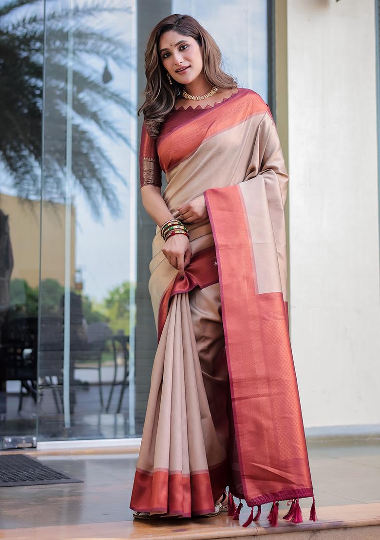 Beige Zari Woven Kanjivaram Silk Saree Set