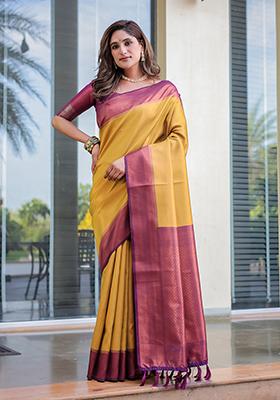 Yellow Zari Woven Kanjivaram Silk Saree Set
