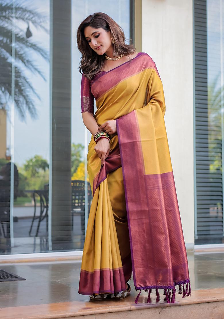 Yellow Zari Woven Kanjivaram Silk Saree Set