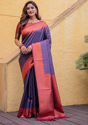 Purple Zari Woven Kanjivaram Silk Saree Set