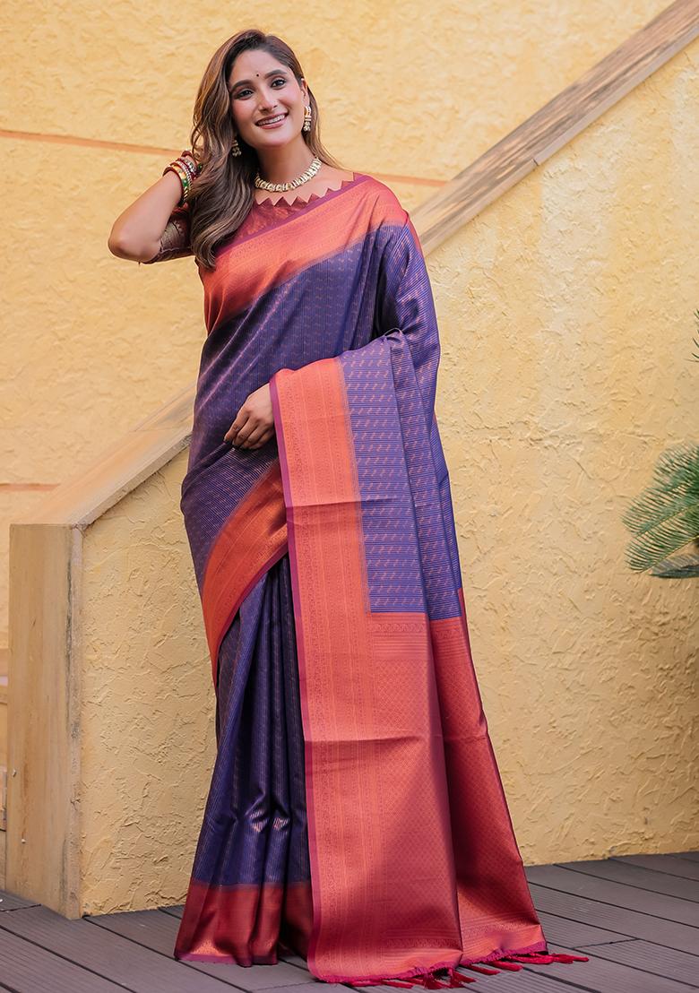 Purple Zari Woven Kanjivaram Silk Saree Set