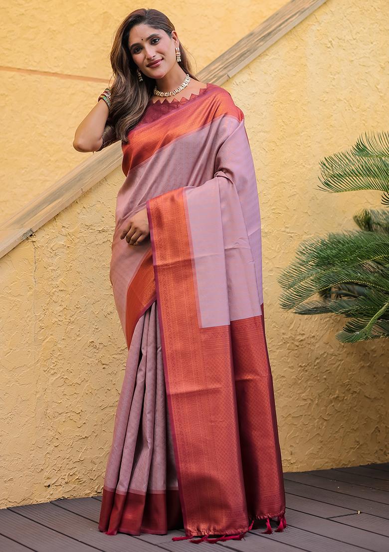 Mauve Zari Woven Kanjivaram Silk Saree Set