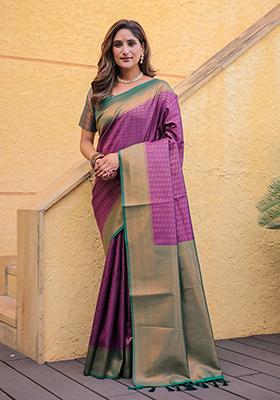 Wine Zari Woven Kanjivaram Silk Saree Set