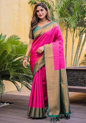 Pink Zari Woven Kanjivaram Silk Saree Set