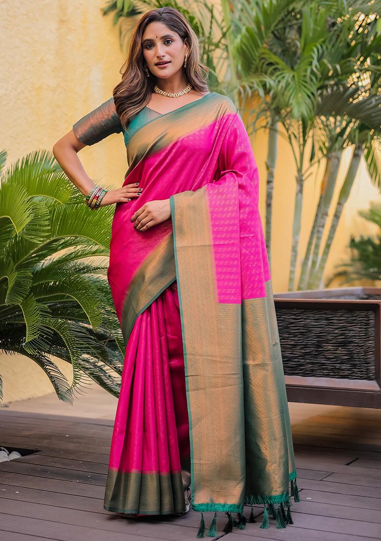 Pink Zari Woven Kanjivaram Silk Saree Set