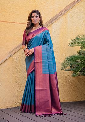 Sky Blue Zari Woven Kanjivaram Silk Saree Set
