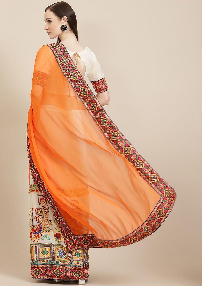 Orange Ethnic Motifs Embroidery Georgette Saree Set