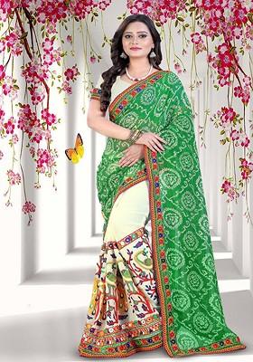 Green Ethnic Motifs Embroidery Georgette Saree Set