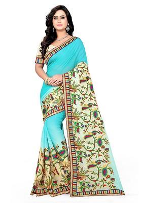 Blue Floral Embroidered Poly Blend Saree Set