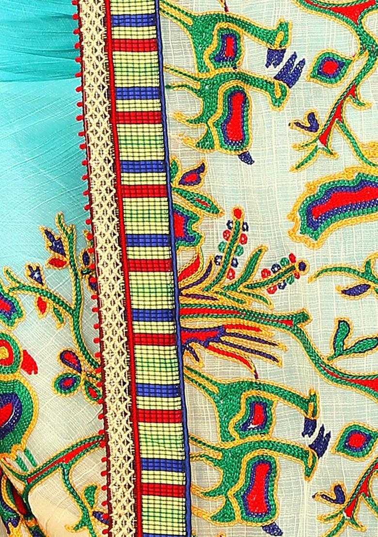 Blue Floral Embroidered Poly Blend Saree Set