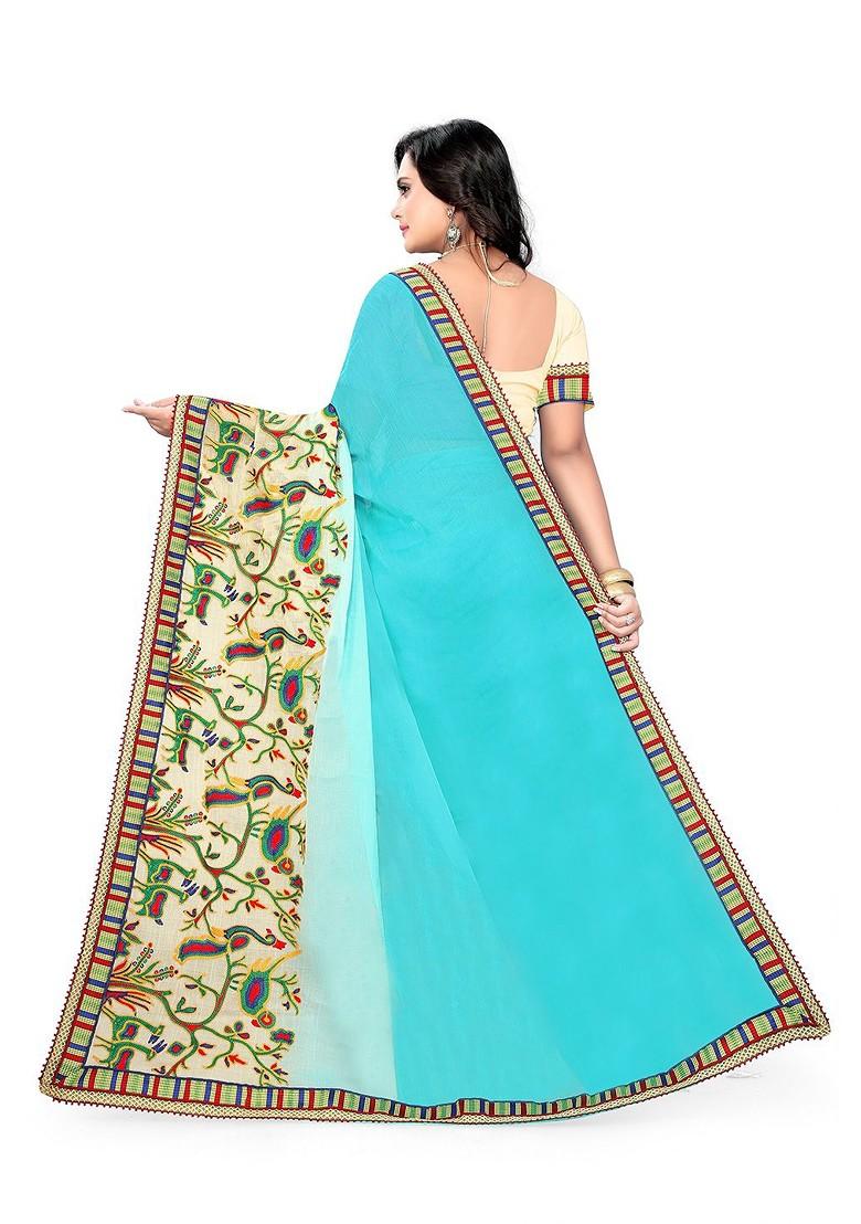 Blue Floral Embroidered Poly Blend Saree Set