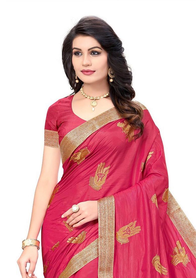 Pink Ethnic Motifs Embroidery Poly Blend Saree Set