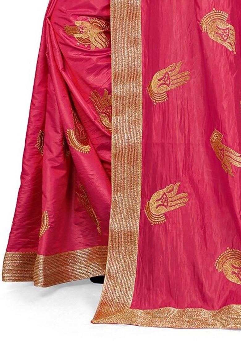 Pink Ethnic Motifs Embroidery Poly Blend Saree Set