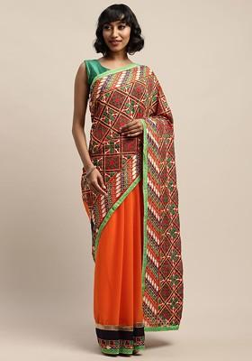 Orange Embroidered Georgette Saree Set