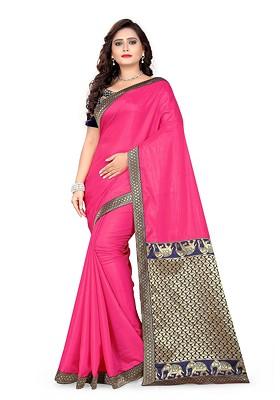 Pink Solid Poly Blend Saree Set