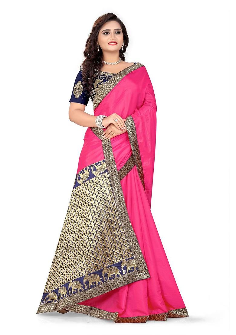 Pink Solid Poly Blend Saree Set
