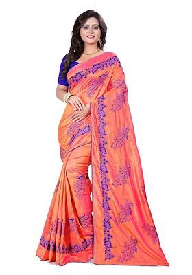 Pink Ethnic Motifs Embroidery Silk Saree Set