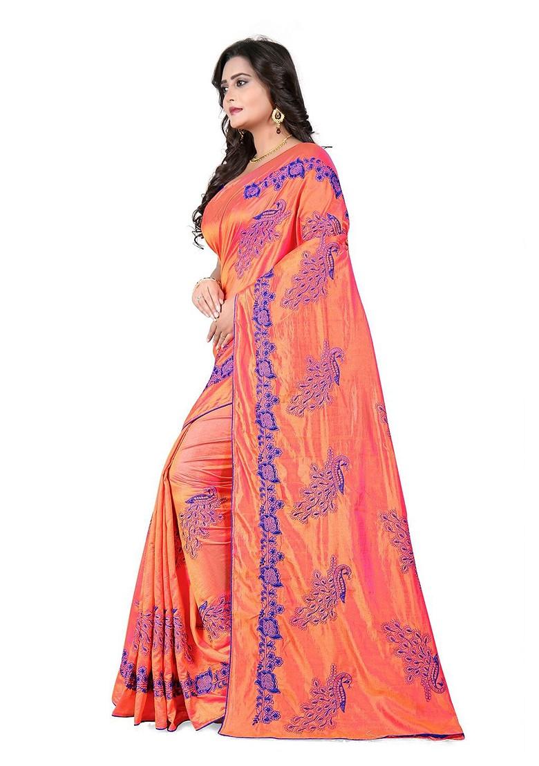 Pink Ethnic Motifs Embroidery Silk Saree Set