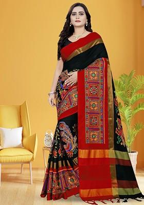 Black Ethnic Motifs Embroidery Poly Blend Saree Set