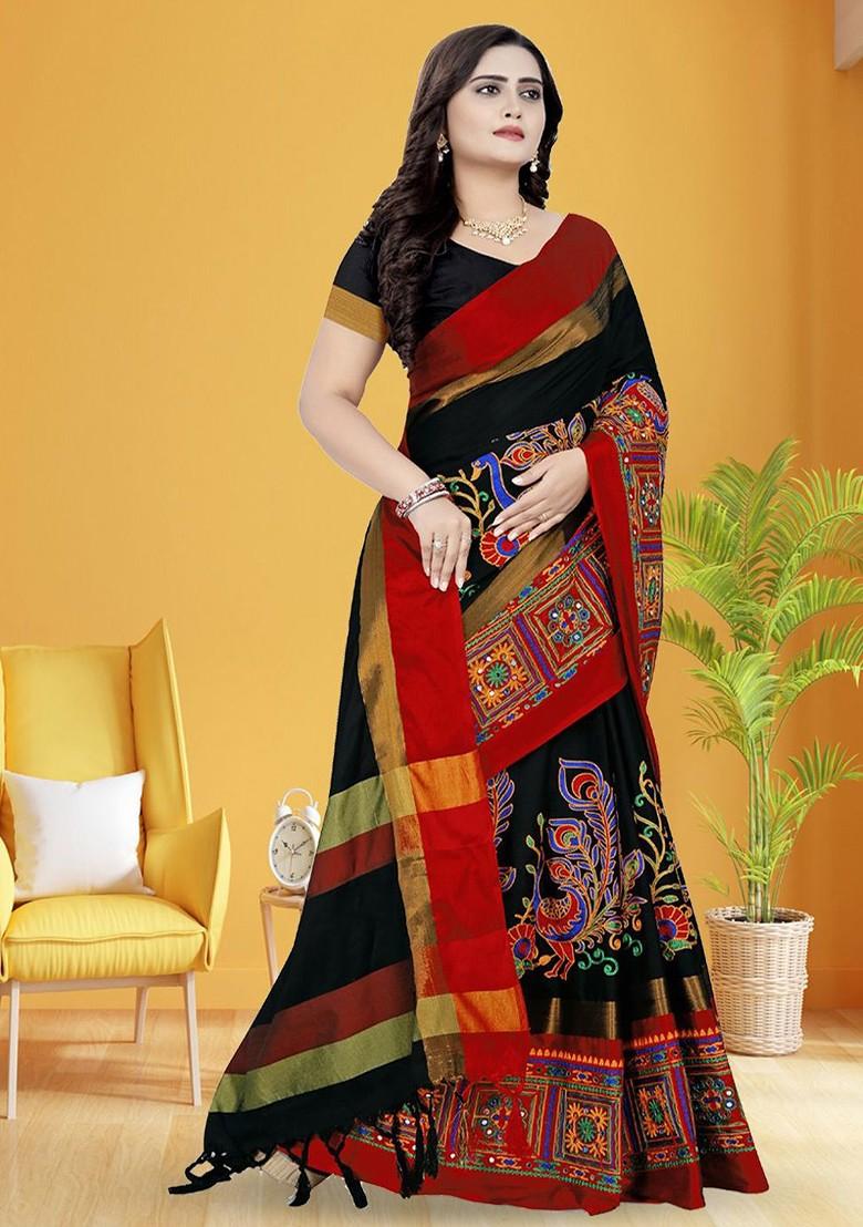 Black Ethnic Motifs Embroidery Poly Blend Saree Set