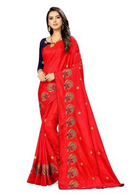 Red Ethnic Motifs Embroidery Poly Blend Saree Set