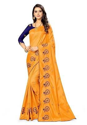 Yellow Ethnic Motifs Embroidery Poly Blend Saree Set