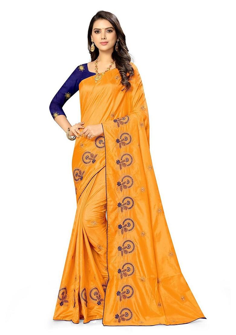Yellow Ethnic Motifs Embroidery Poly Blend Saree Set
