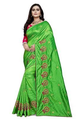 Lime Green Floral Embroidered Silk Saree Set