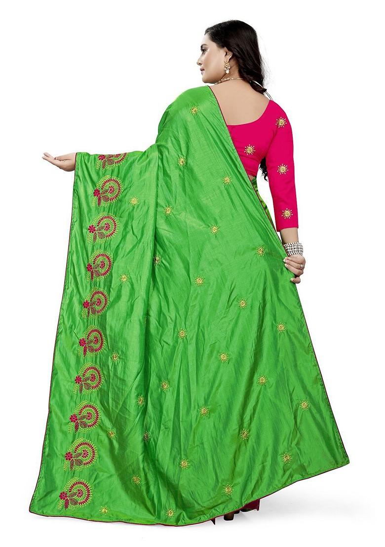Lime Green Floral Embroidered Silk Saree Set