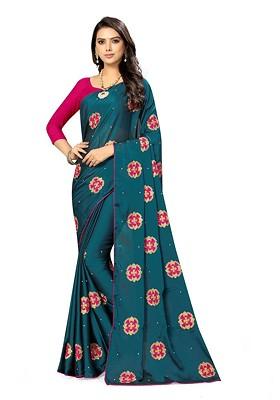 Turquoise Blue Floral Embroidered Silk Saree Set