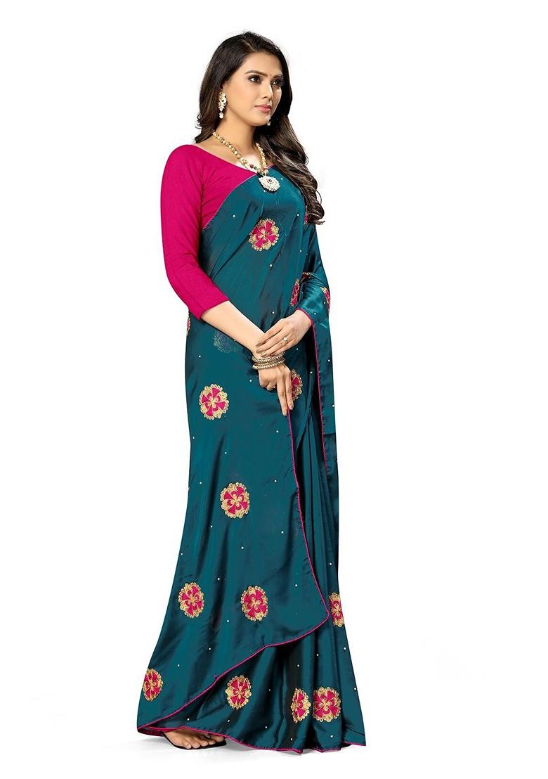 Turquoise Blue Floral Embroidered Silk Saree Set