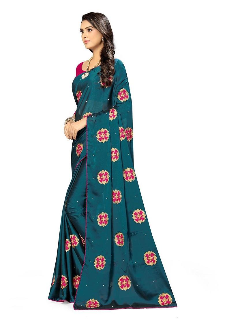 Turquoise Blue Floral Embroidered Silk Saree Set
