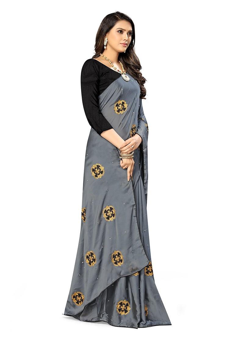 Grey Floral Embroidered Silk Saree Set