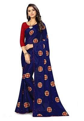 Blue Ethnic Motifs Embroidery Poly Blend Saree Set
